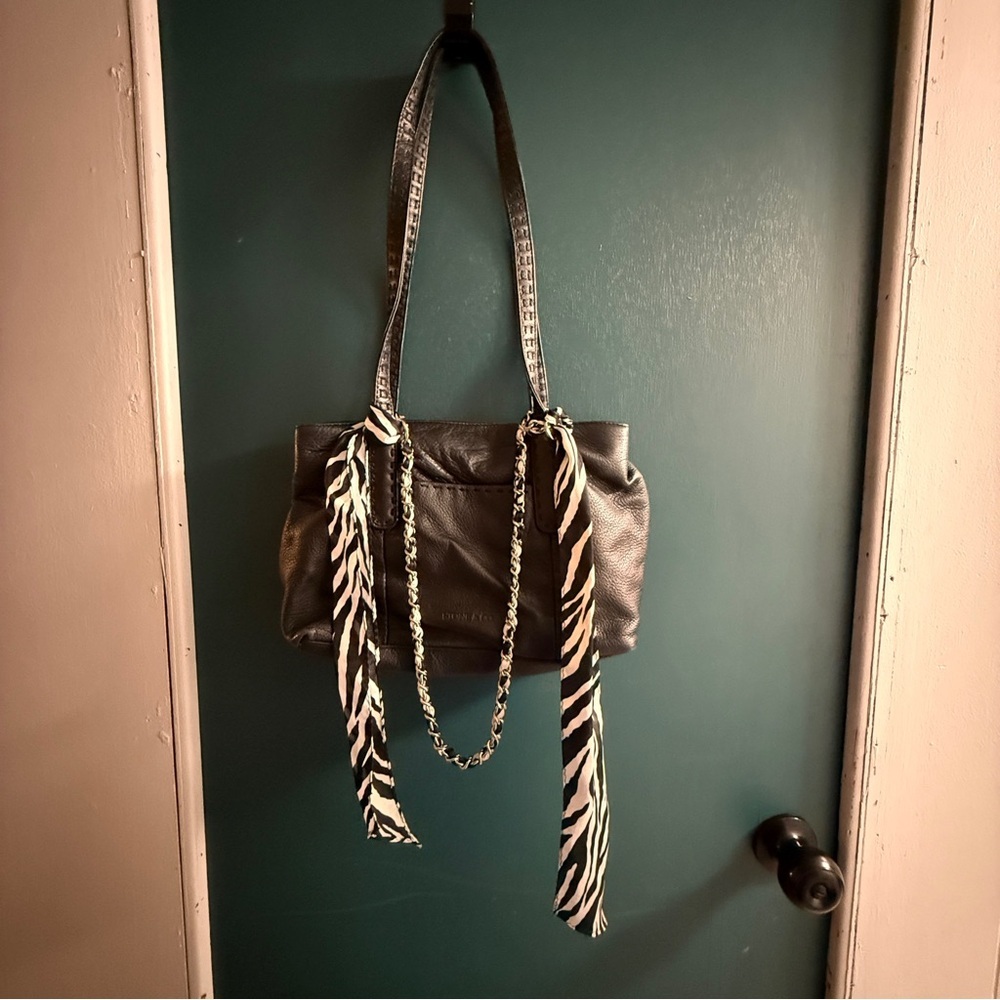 vintage stone & co black leather shoulder bag with zebra scarf - Picture 6 of 10